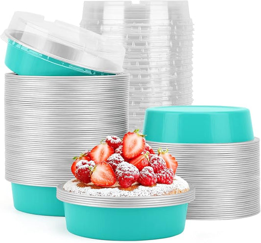 Beasea Mini Pie Pans with Lids, 4 Inch 100 Pack Disposable Cake Pans, 8 Oz Elegant Blue Aluminum Pie Pan Tin Round Disposable Tin Tart Pans Mini Cheesecake Pan for Pie Tart Quiche by Beasea