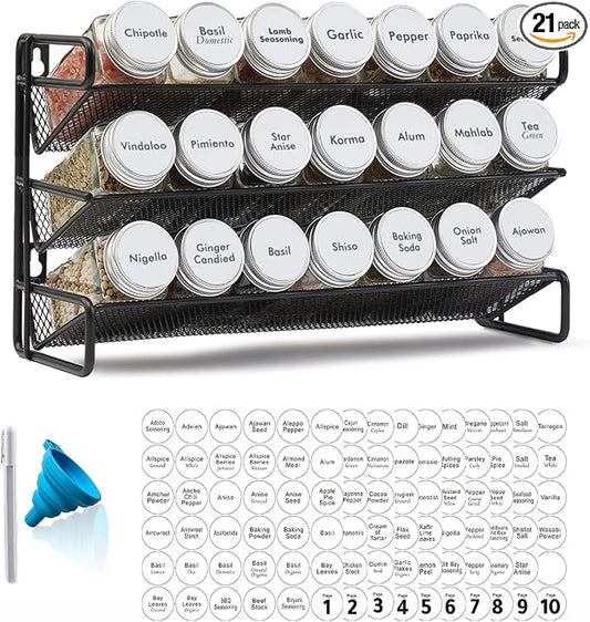 SpaceAid Spice Rack Organizer with 21 Spice Jars, 386 Spice Labels, Chalk Marker and Funnel Set for Cabinet, Countertop, Pantry, Cupboard or Door & Wall Mount - 21 Jars, 13.4" W × 9" H, White by SpaceAid