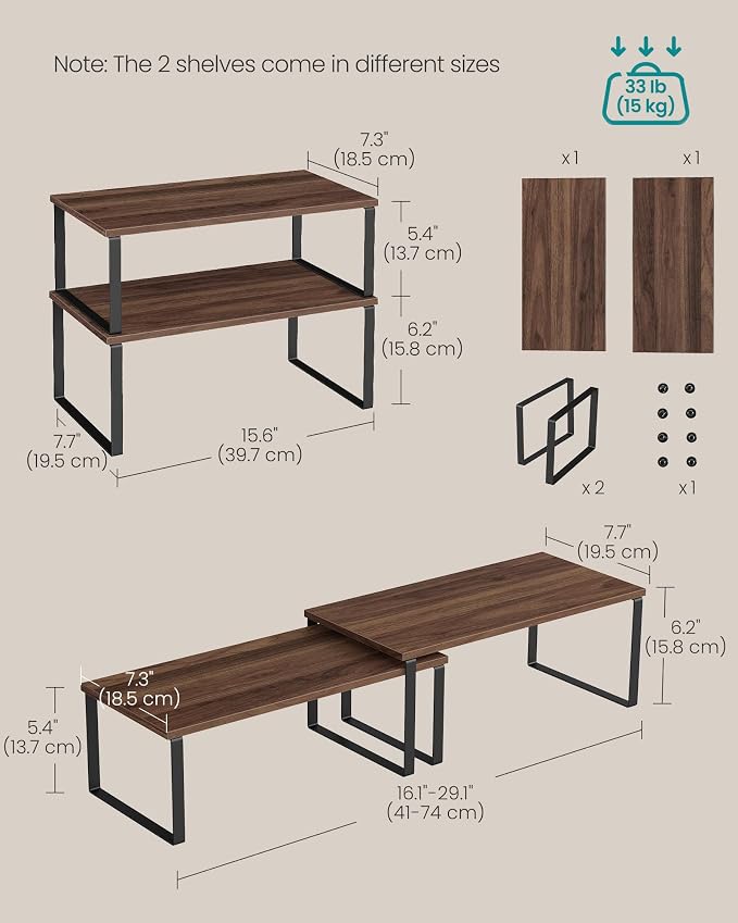 SONGMICS Cabinet Organizer Shelf, Set of 2 Kitchen Counter Shelves, Kitchen Storage, Spice Rack, Stackable, Expandable, Metal and Engineered Wood, 15.6 Inches, Walnut & Matte Black UKCS025K01 - Image 6