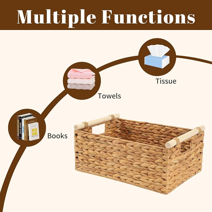 Wicker Storage Basket, Woven Shelf Organizer, 15.5x10.8x6.2 | 15.5x10.8x6.2" natural wicker basket with handles; rectangular shelf organizer for kitchen, bathroom and living spaces. - Image 3