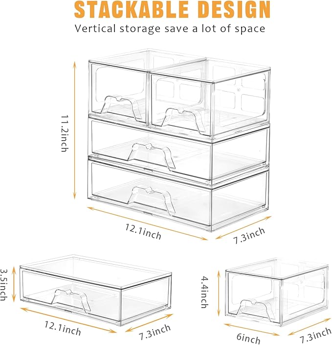 4 Pack Stackable Storage Drawers, Clear Acrylic Organizer, Makeup Organizer | with Pull-out Drawer,Pantry Organization for Beauty Supplies,Ideal for Vanity, Bathroom,Cabinet - Image 2