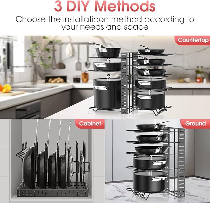 G-TING Pot Rack Organizers, 8 Tiers Pots and Pans Organizer for Kitchen Organization & Storage, Adjustable Pot Lid Holders & Pan Rack, Lid Organizer for Pots and Pans with 3 DIY Methods - Image 2