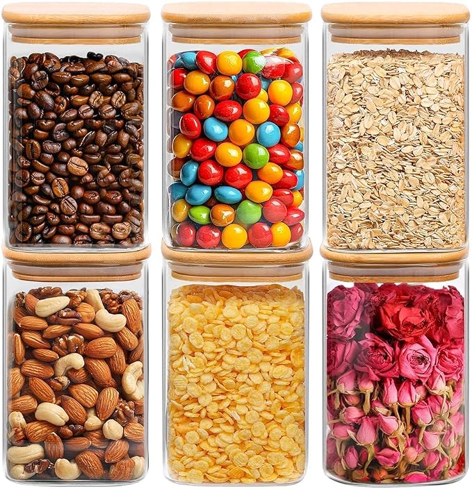 ComSaf Glass Storage Containers wtih Lids 1.2 Qt, Set of 6 Food Storage Jar | Glass Pantry Storage Containers, Square Kitchen Canisters, Pantry Organizers, Tea, Oat, Spice, Coffee, 37oz Jars, BPA Free by ComSaf