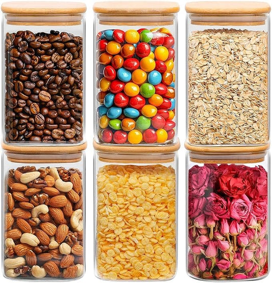 ComSaf Glass Storage Containers wtih Lids 1.2 Qt, Set of 6 Food Storage Jar | Glass Pantry Storage Containers, Square Kitchen Canisters, Pantry Organizers, Tea, Oat, Spice, Coffee, 37oz Jars, BPA Free by ComSaf