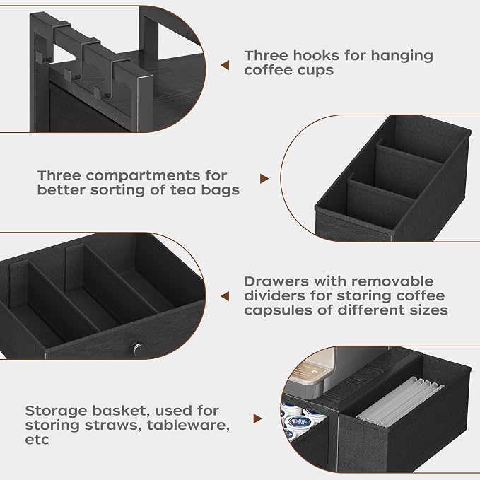 Homeiju Coffee Pod Drawers - K Cup Organizer, Nespresso Pods Holder with Mug Rack, Coffee Holder for Countertop, 52 Capacity Pods, Suitable for Kitchens, Offices and Coffee Bars(Black) - Image 8