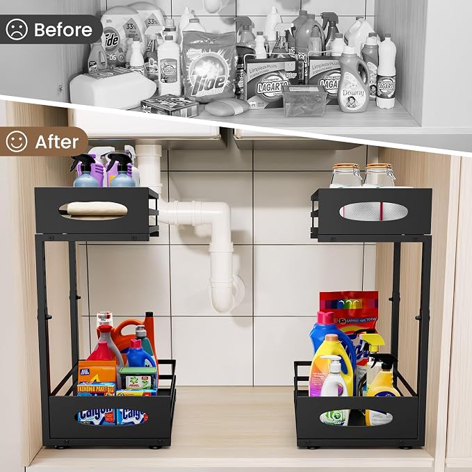 Under Sink Organizer, Slide Sink Steel Shelf Cabinet Storage Shelves, Height Adjustable Under Sink Organizers and Storage, 2 Tier Pull Out Drawer Cabinet Organizer for Kitchen Bathroom - Image 5