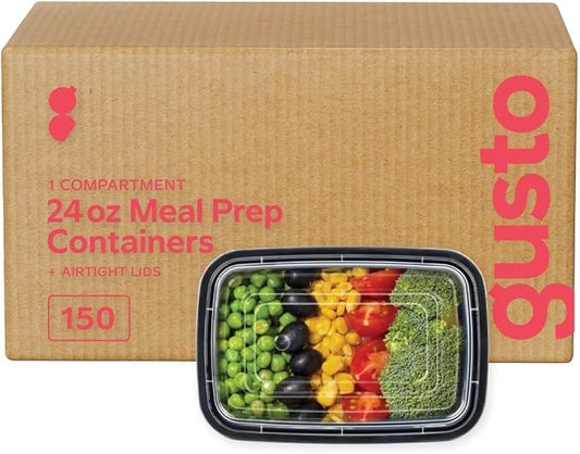 GUSTO 24 oz -1 Compartment Meal Prep Containers with Lids – [Case of 150] Reusable, Microwaveable, Dishwasher & Freezer Safe, BPA-Free Food Storage Boxes for Portion Control (Formerly Comfy Package) by GUSTO