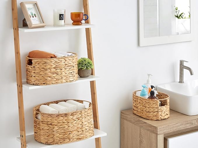 Wicker Basket, 3-Pack Hand-Woven Water Hyacinth Wicker Storage Basket with Handles, Large Woven Storage Baskets for Shelves, Round Storage Baskets for Organizing & Decor - Image 2