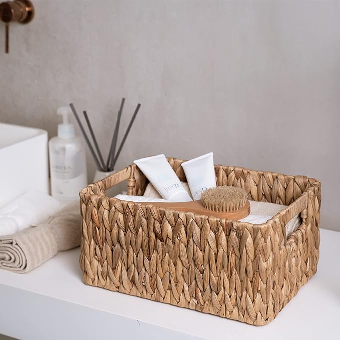 FairyHaus Wicker Baskets 15x11x7 & 13.4x9.5x6.5, 2 Pack Handmade Big Wicker Storage Basket with Handles, Natural Water Hyacinth Wicker Baskets for Storage Shelves Organizing, Rectangle Wicker Basket - Image 7