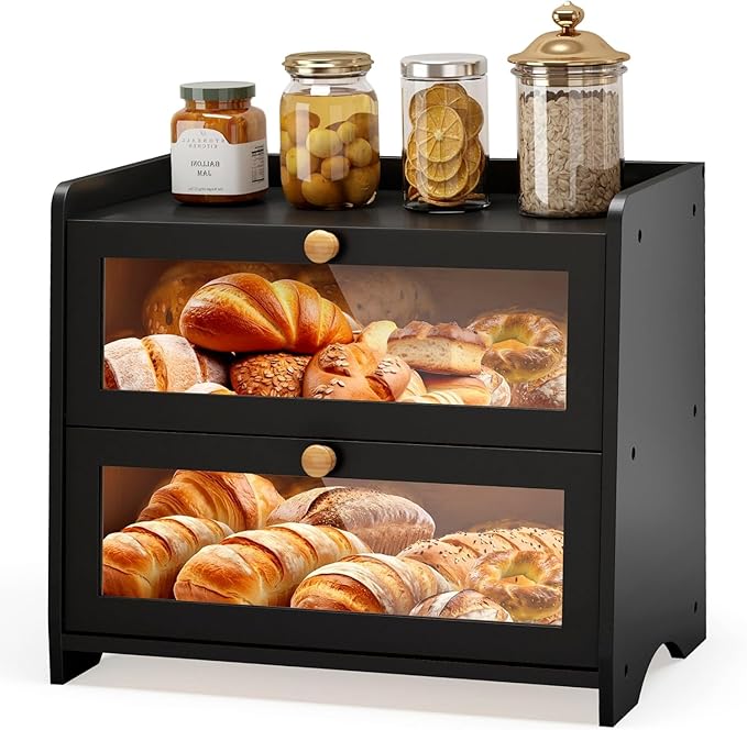 Double Layer Bread Box Container for Kitchen Countertop Homemade Bread | Large Breadbox Storage Wooden Farmhouse Bread Holder (Black, Large-16.54" L x 9.84" W x 14.96" H) by JANSNIMEN