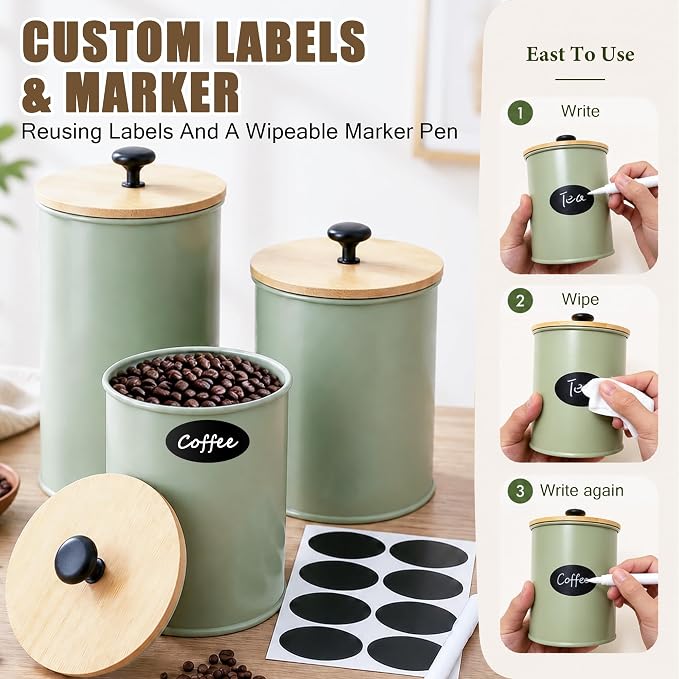 Kitchen Canister Set of 4 Airtight Metal Containers with Bamboo Lids, Green | Flour sugar coffee tea canisters set with bamboo lids, customizable chalkboard labels & marker pen - Image 5