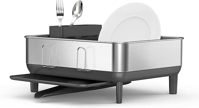 simplehuman Steel Frame Dishrack, Compact Dish Drying Rack for Small Kitchens, 360º Easy Drain Swivel Spout, Anti-Residue Coating, Moisture Control Surface, Brushed Stainless Steel - Image 3
