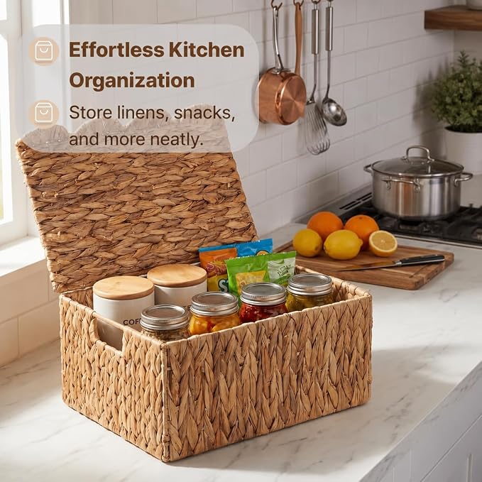 Wicker Basket with Scalloped Edge Lid, Water Hyacinth Storage Basket with Built-in Handles, Handwoven Wicker Box for Living Room, 15" L x 11 ¼" W x 7" H (Water Hyacinth) - Image 4