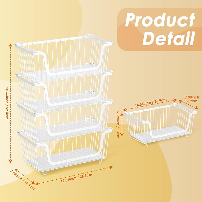 4 Pcs Stackable Wire Baskets for Pantry Organizers and Storage, White | Metal Baskets with Handles,Produce Potato Onion Storage Bin,Vegetable Fruit Basket for Countertop, Kitchen Storage - Image 5