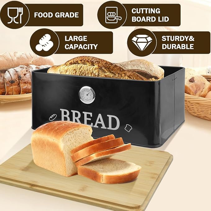Black Bread Box for Kitchen Countertop with Bamboo lid, Hygrometer Kitchen Organizer for Sourdough, Buns, and Loaves, Bread Storage Container - Image 3
