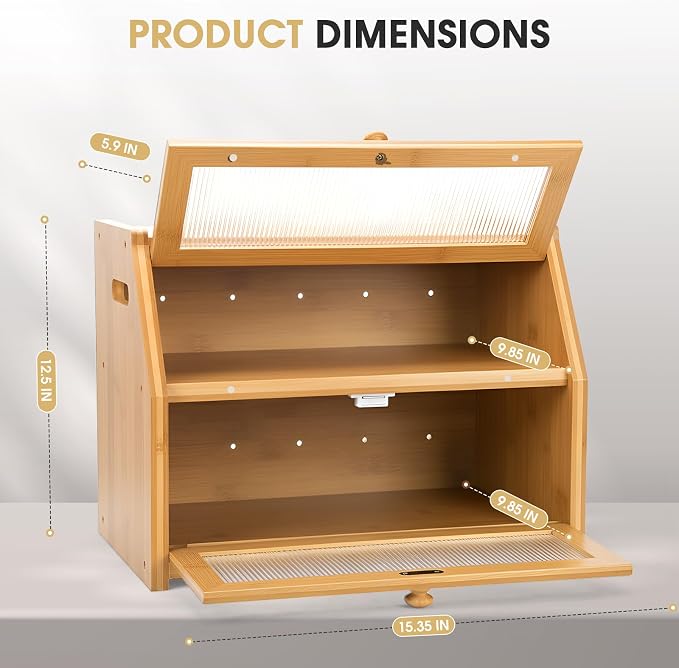 Large Bread Box for Kitchen Countertop, Wooden Bread Bin with Double Layer Storage and 0.6-inch Thick Natural Wood Panels, Rustic Bread Box Organizer for Kitchen (Natural Wood) - Image 2