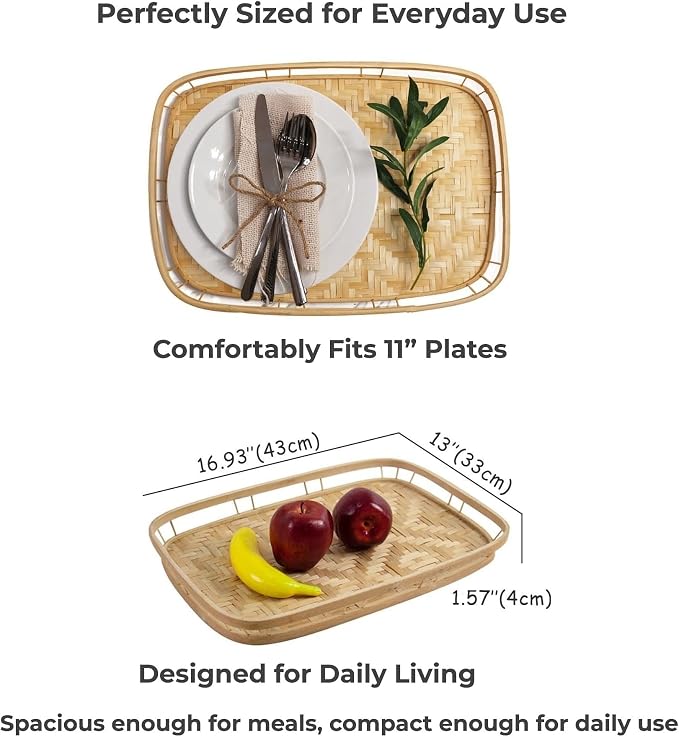 PEMAR Wicker Serving Trays w Handles,Rectangular Hand-Woven Lap Trays,Bamboo Bedroom Trays,Cabin Trays for Foods & Drinks. Decorative Trays for Coffee Tables,Breakfast,Dinners,Bed Eating. 2 Pack Set - Image 6