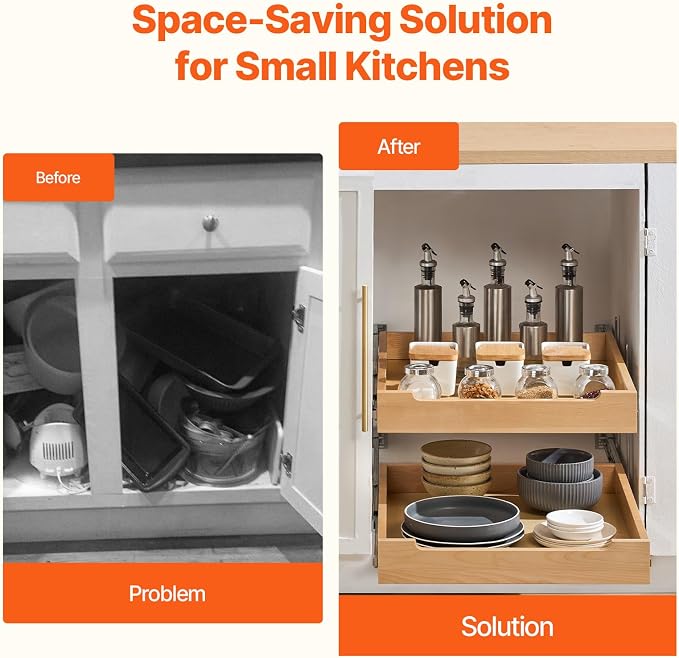 VEVOR 2 Tier Pull Out Cabinet Organizer, 20" W x 21" D Cabinet Drawer, Soft Close Slide out Shelf, Heavy-Duty Sliding Wood Drawer, Adjustable Base Cabinet Organization for Kitchen Pantry Bathroom - Image 4
