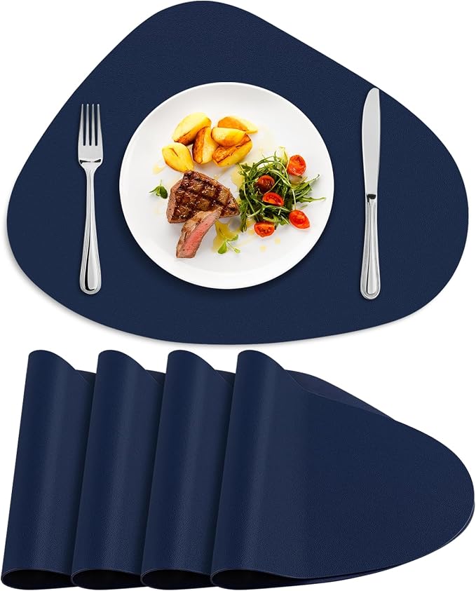 Faux Leather Placemats Set of 4, Wipeable & Washable Table Mats | Waterproof, Heat-Resistant & Easy to Clean Round Place Mats for Dining & Kitchen, 17''x13'', Blue by Delicateandelegantplacemats