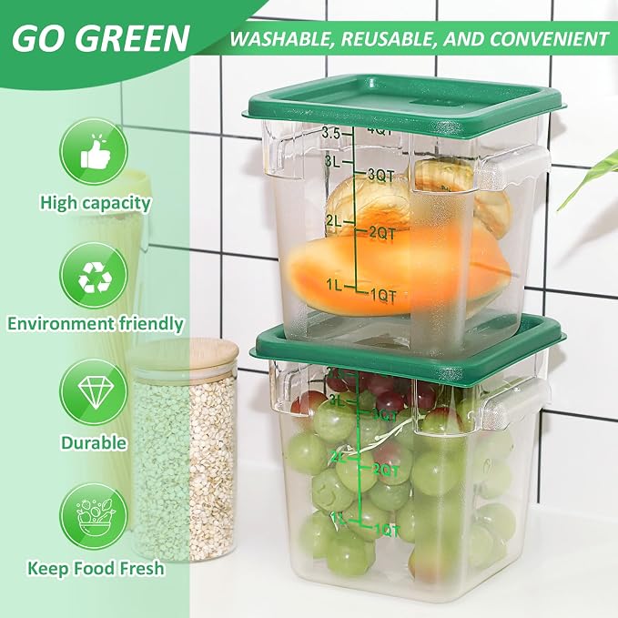 Yungyan 12 Pcs 4 Qt Commercial Food Storage Containers with Lids Restaurant Square Airtight Food Storage Containers Clear Cereal Containers for Kitchen Freezer Dishwasher Pantry(Green Lid) - Image 4