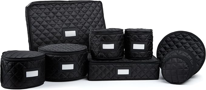 Covermates Keepsakes Dish Storage Set – Padded China & Dinnerware Storage Cases with Dividers, Cup & Stemware Storage, Quilted Polyester Protection, ID Window, Black by Covermates