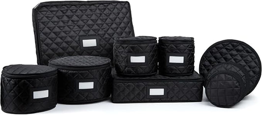 Covermates Keepsakes Dish Storage Set – Padded China & Dinnerware Storage Cases with Dividers, Cup & Stemware Storage, Quilted Polyester Protection, ID Window, Black by Covermates