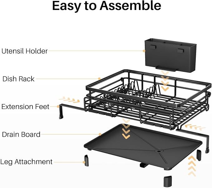 Expandable Dish Drying Rack for Kitchen Counter, Stainless Steel, Black | Foldable Over Sink, Large Capacity, Adjust to Fit Most Sinks, Angled Drainboard, Removable Utensil Holder, Slip Resistant - Image 8