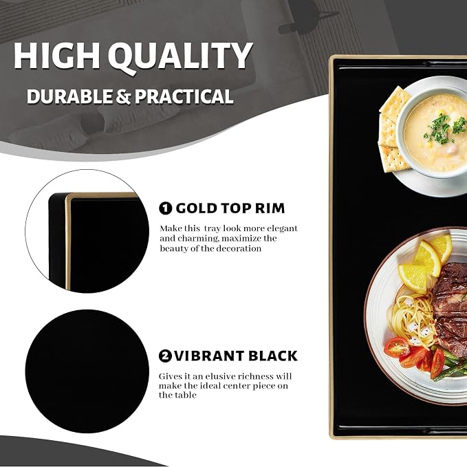 Black Decorative Tray for Coffee Table, Serving Tray with Handles | Plastic Melamine Tray, Modern Ottoman Tray, Rectangular Countertop Organizer Tray for Living Room, 15.8"L x 10.2"W x 1.4"H - Image 3