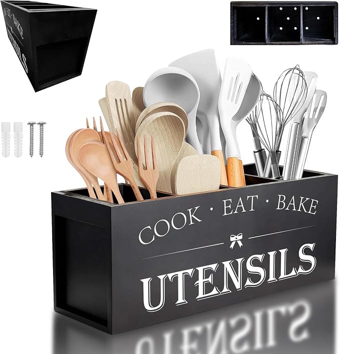 Extra Large Kitchen Utensil Holder with 4 Compartments, Wooden Countertop Organizer, Rustic Black Farmhouse Decor for Cooking Tools, Spoons, Spatulas, Knives & Forks by Unknown