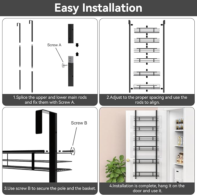 6-Tier Over The Door Spice Rack, Large-Capacity Adjustable Hanging Pantry Organizer 3 Size Baskets, No-Sway No-Drill Door Mount, Heavy-Duty Rustproof Steel, 15.75″ Wide, Black - Image 8