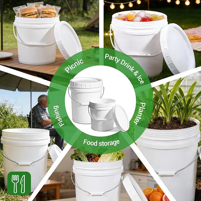 3 Pack 5 Gallon White Plastic Buckets with Lid & Metal Handle, 1 Pack 2.6 Gal Small Plastic Bucket with Spiral Lid & Handle Food Grade Storage Containers for Water, Cleaning, Halloween - Image 3