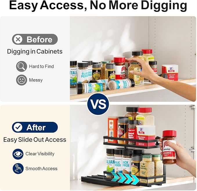 Pull Out Spice Rack - 2 Pack for Inside Cabinet with Front Lips | Peel-and-Stick No Drilling Setup, Smooth Slide Access for 1-8 Oz Spice Jars, Cabinet Storage, Daily Cooking Use, Daily - Image 3
