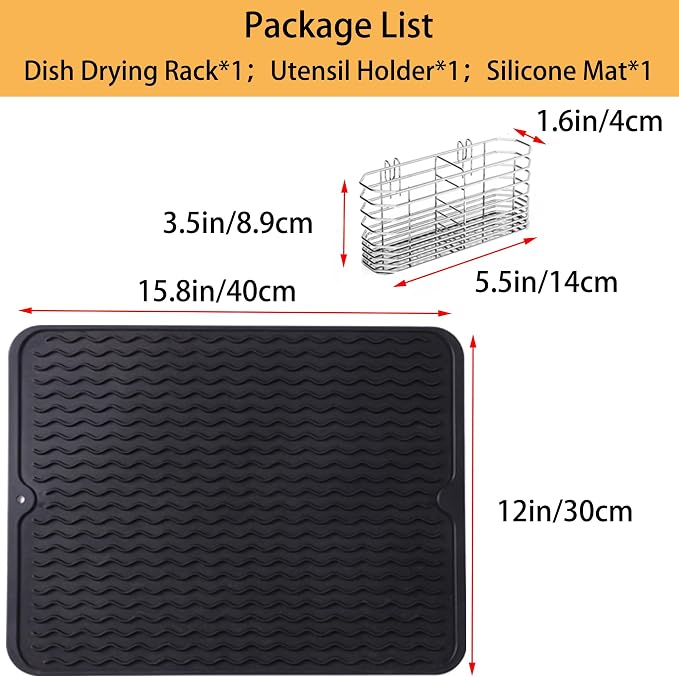 NiuYichee Stainless Steel Dish Drying Rack(14.2"L x 9.5"W x 4.1"H), Expandable Fruit & Vegetable Drain Rack over Sink, Dish Drainer Rack in Sink, with Stainless Steel Utensil Holder & 16" Silicone Mat - Image 6