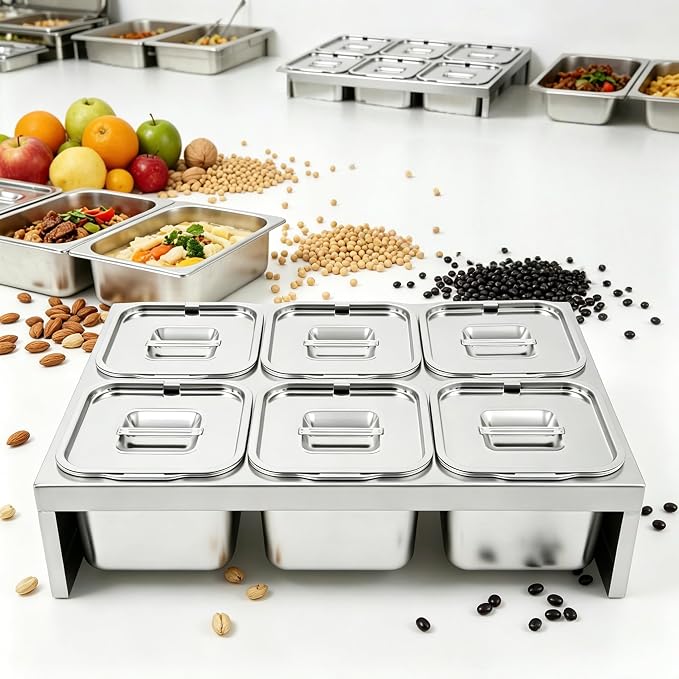 Pizza Topping Station Condiment Container Food Prep Ingredients Holder | Stainless Steel Container Set Spice Rack with 6 Pans& Lids&6* Spoons, Kitchen Restaurants Buffet Pizza Oven Accessories - Image 4