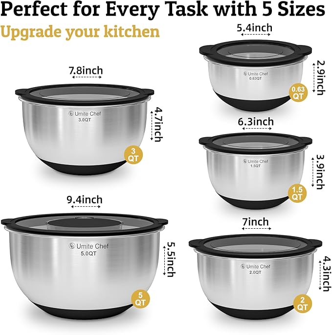 Mixing Bowls with Lids Set - Non-Slip, Airtight Warp-Proof TPR-AS Lids, Thicker Stainless Steel Bowls, Measurement Lines & 3 Graters, Prep Meal Bowl, Black Nesting Bowl for Kitchen, 5/3/2/1.5/0.63QT - Image 4