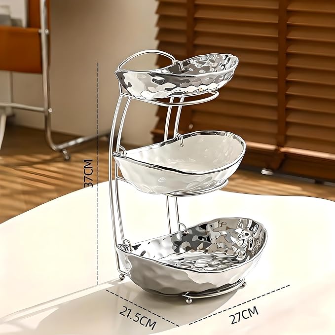 XUDREZ 2 Tier/ 3 Tier Fruit Bowl with Metal Stand for Kitchen Counter, Ceramic Gold Silver White, Portable Tiered Fruit Basket Fruit Rack for Nuts, Snacks, Bread, Candy Storage (Silver B, 3 Tier) - Image 2