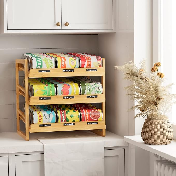 Bamboo Can Organizer for Pantry, 3 Tier Stackable Can Storage | Rolling Can Organizer Pantry with Label Sticker and Marker Pen, Can Holders for Cabinet and Can Rack Organizer - Image 7
