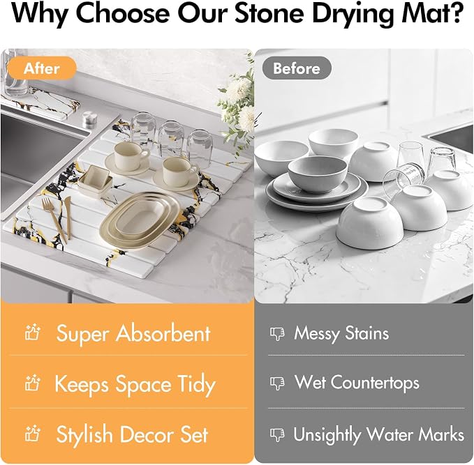 4 Pcs Stone Dish Drying Mat for Kitchen Counter, 24''x16'' Super Absorbent Diatomaceous Earth Stone Drying Mat Faucet Mat with 2 Coasters, Quick Dry Mat for Kitchen Counter Dishes Cups - Image 7