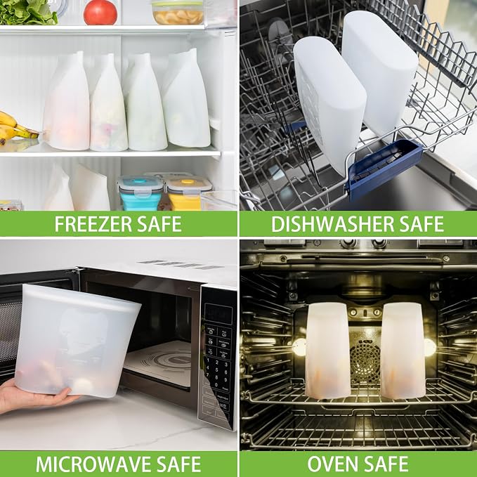 Reusable Food Storage Bags Half-Gallon, 4 Pack 100% Silicone Food Storage Bags Stand-Up Wide-Mouth Zip-Lock for Large Items, 67 fl.oz/2000 ml, Freezer Microwave Oven Dishwasher Safe, Translucent - Image 6