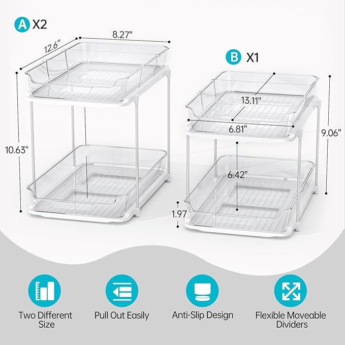 Delamu 3 Pack 2-Tier Bathroom Under Sink Organizers and Storage, Multi-Purpose Stackable Pantry Organization and Storage, Pull Out Clear Kitchen Bathroom Cabinet Organizer with Movable Dividers, White - Image 2