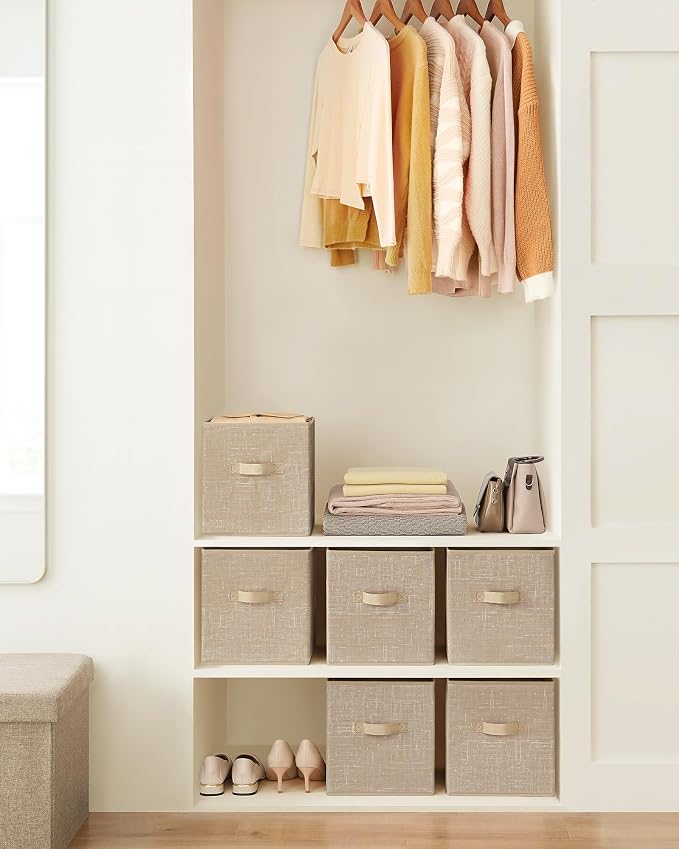 SONGMICS Storage Cubes, 11-Inch Non-Woven Fabric Bins with Double Handles, Set of 6, Closet Organizers for Shelves, Foldable, for Clothes, Sand Beige UROB026K03 - Image 2