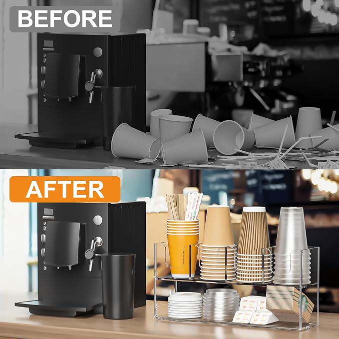 Beego 4-Compartment Cup Holder for Countertop - 2-Tier Black Acrylic Cup Dispenser Coffee Station Paper Cup and Lid Organizer Condiment Storage for Restaurant Breakroom Kitchen Bar Accessories - Image 7