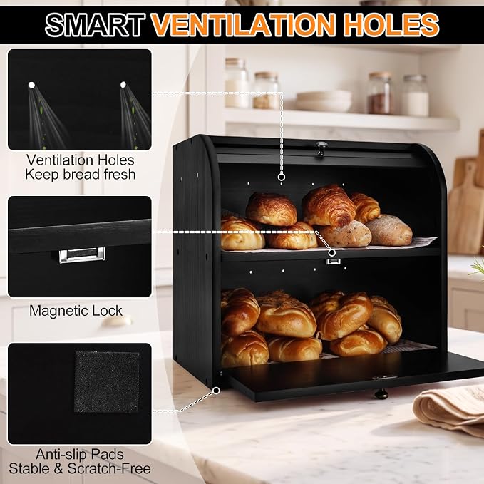Alpeir Roll Top Bread Box with Cutting Board for Kitchen Countertop, Black | Large Breadbox with Ventilation Holes, Double Layer Pantry Shelf, Wooden Homemade Bread Storage Container, Vintage Farmhouse - Image 7