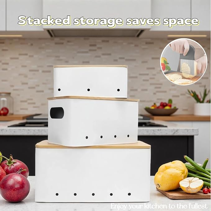 Modern kitchen storage container, stacked metal storage box, 3-piece set with wooden lid design, onion, garlic, potato metal cans, breathable storage box (White) - Image 6