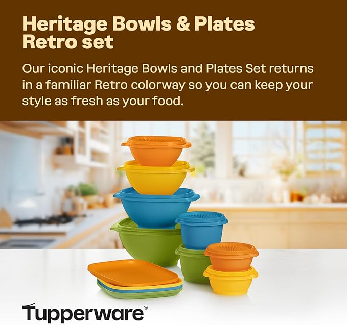 Tupperware Heritage Retro Collection, Bowls & Plates, 20 Piece Food Storage Container Set in Retro Colors, Dishwasher Safe and BPA Free - Image 2