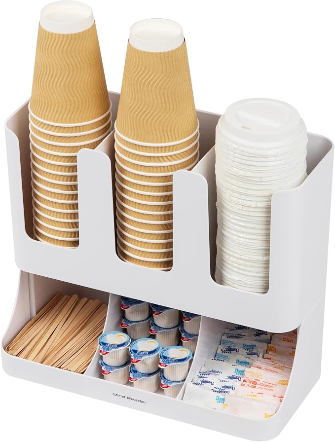 Mind Reader 6 Compartment Upright Breakroom Coffee Condiment and Cup Storage Organizer, White (Pack of 4) - Image 5