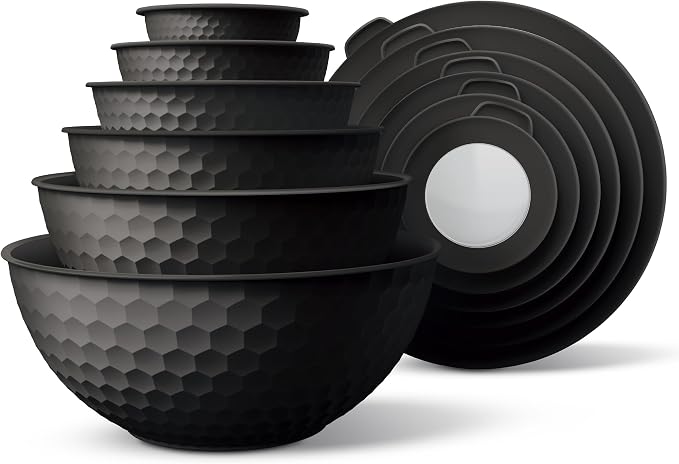 COOK WITH COLOR Mixing Bowls with Lids - 12 Piece Plastic Nesting Bowls Set includes 6 Prep Bowls and 6 Lids, Microwave Safe Mixing Bowl Set, Black Embossed by CookwithColor