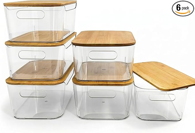CiWiVOKi 6 Pack Clear Stackable Storage Bins with Bamboo Lids, 3.7L BPA-Free Plastic Organizer Containers with Handles, for Pantry, Kitchen, Fridge, Bathroom, Cabinet & Closet Organization by CiWiVOKi