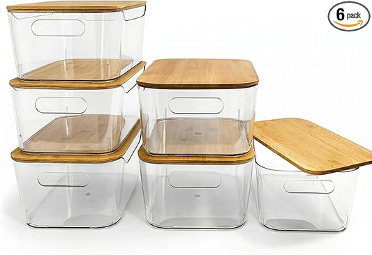 CiWiVOKi 6 Pack Clear Stackable Storage Bins with Bamboo Lids, 3.7L BPA-Free Plastic Organizer Containers with Handles, for Pantry, Kitchen, Fridge, Bathroom, Cabinet & Closet Organization by CiWiVOKi