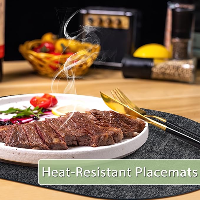 Placemats Set of 12 Washable, Heat Resistant Table Placemats Wipeable Faux Leather Oval Place Mats Non Slip, Waterproof Oval Table Mats for Indoor Outdoor, Charcoal - Image 2